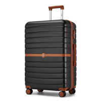 Kono 28 inch gestreepte ABS+PC harde schaal grote koffer met TSA slot en stille zwenkwielen voor lange vakanties (Zwart/Bruin)