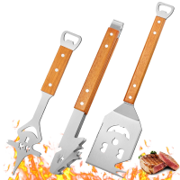 Huacan RVS barbecueset met houten handvat, vork, schep en tang, 3 delig
