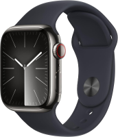 Apple Watch Series 9 GPS + Cellular 41 mm grafiet roestvrijstalen behuizing met midnight sportband   M/L