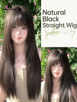 ANYTIME Lange Rechte Synthetische Haarpruik voor Dames, 28 Inch Natuurlijk Donker Theebruin Gepluiste Gelaagde Haarpruik met Salon Lichte Snit Air Bangs, Verbeterde Zachte Onzichtbare Hittebestendige Haarpruik voor School, Dagelijks Gebruik, Dates en Self