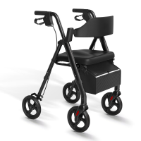 Zwarte opvouwbare loopwagen met PU zitting, loopwagen voor ouderen, comfortabel zitkussen voor binnen en buiten
