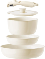 Redchef 5 delige keramische coating pannenset, buitenkant wit & binnenkant lichtkoffiekleurig, inclusief 20 cm steelpan met deksel & 20 cm/26 cm koekenpannen & afneembare handgreep, PTFE/PFOA/PFAS vrij, vaatwasmachinebestendig