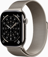 Apple Watch Serie 11 GPS + Mobiel 46 mm – Natuurlijk titanium kast met natuurlijke Milanese band – M/L