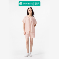 Purcotton Dames Airysoft Hydrofiele Katoenen Loungewear Set   Korte Broekjes Stijl   Huidvriendelijk, Rustgevend & Casual Stijl   Zachte Roze Mandarijn   Top: 165/88 A; Onderbroek: 165/72 A
