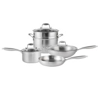 PURE COOK 4 delige set kookgerei van 3 laags roestvrij staal – 34 cm wok van 316 roestvrij staal, 18 cm melkpan van 304 roestvrij staal (met deksel), 24 cm stoompan & soeppan van 304 roestvrij staal (met deksel en stoommandje), 28 cm koekenpan van 304 roe
