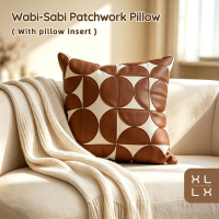 XLLX 1 stuk 45x45 cm (18x18”) vierkant kussen met inzetkussen, moderne mid century stijl, bruin halve cirkel geometrisch PU leer patchwork, decoratief kussen voor woonkamer, bank & bed