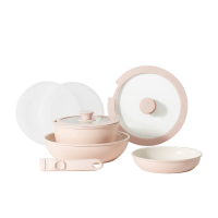 Redchef 8 delig keramisch pannenset met afneembare handgreep, roze & wit, inclusief 20 cm sauspannen, 20 cm pannen en 26 cm wokpan, PTFE/PFAS/PFOA vrij, vaatwasserbestendig