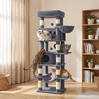 Grote kattenboom 170×50×40 cm, met grote en kleine kattenhokken, 17 palen (8 met sisal), hangmat, kattenmand van 30 cm en 2 afneembare wasbare kussens