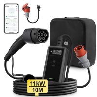 Dé EV oplader 11 kW 10 m met app 3 fasen 6 A   16 A stroomaanpassing elektrische voertuigoplader met schuko adapter voor model Y/3, ID.3/4, EX30 en andere EV's/PHEV's, zwart