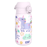 ION8 Kids drinkfles, staal 400 ml/13 oz, lekvrij, gemakkelijk te openen, veilige vergrendeling, vaatwasmachinebestendig, flipdeksel, draaghendel, eenvoudig te reinigen, duurzame metalen drinkfles, reliëfprint, Eenhoorns