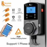 Feyree type 2 elektrische autolader met contactdoosversie 22 kW, slimme elektrische autolader voor TS NACS , type 1  en GB/T stekker, laadapparatuur voor elektrische voertuigen, wandlaadbox met wifi app bediening