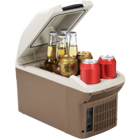 ICEROVER PN 09 9 liter elektrische koel  en warmhoudkast voor auto en thuis, AC/DC draagbare mini koelkast met bekerhouders, bruin, ideaal voor drankjes, snacks en op reis