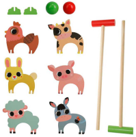 Houten boerderijdieren croquet speelgoedset voor kinderen.