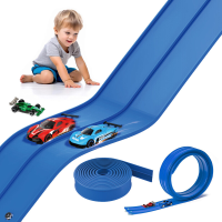 Bogenbare DIY racebaan speelgoed voor kinderen, zachte PVC racebaan met dubbele baan en sterke zuignappen, 4 mini wrijvingsaangedreven auto's, vrij bouwen van rechte, bochtige en lusbaan, handvaardigheidstraining, creatief spelen voor binnen en buiten, id