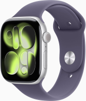 Apple Watch Series 11 GPS + mobiele connectiviteit 46 mm zilver aluminium kast met paarse mist sportband   M/L