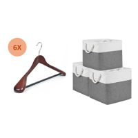 [Set voor kledingkastorganisatie] 6 pack hoogwaardige houten kledinghangers + set van 3 opvouwbare 28×28 cm stoffen opbergkubussen, lade inzetten
