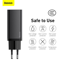 Baseus GaN2 Lite C+U 65W GaN Schnellladegerät EU Schwarz, kompatibel mit iPhone 18 Serie, iPhone 18 Pro/Pro Max/Duo