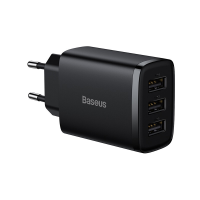 Baseus USB A Wandlader, 3 Poorts 17 W USB Oplaadadapter EU stekker – Slim, Veilig en Compact Opladen – Zwart, compatibel met iPhone, Samsung, Google Pixel