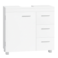 JOYFURNOS Onderwastafelkast voor badkamer, Mat Wit, 30 x 70 x 63,8 cm – opbergmeubel met pootjes, 3 laden en 2 vakken achter de deur, voor wastafels met voetstuk