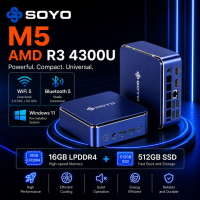 SOYO M5 mini pc [terug naar schooldeels: 269,99] AMD Ryzen 4300U W 11 Pro (4C/4T, tot 3,7 GHz) 16 GB LPDDR4/512 GB SSD, desktop pc 4K 60 Hz drievoudig beeldscherm (HDMI 2.0+Type C+DP 1.4)/Wi Fi 5/BT 4.2/LAN voor kantoor, onderwijs en multimedia