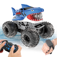 2,4 G dubbele besturing haai RC auto, waterdicht met waterspuitfunctie & 360° stuntfunctie, cadeau speelgoed voor jongens en meisjes