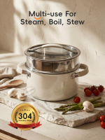 PURE COOK 3 laags 304 roestvrijstalen kookpan, crèmekeramische buitenkant, gepolijst binnenoppervlak, voor stomen en koken, huishoudelijk kookgerei, compatibel met alle kookplaten, 24 cm (10 inch), 5,64 QT, enkel stuk, wordt geleverd met deksel, stoominze