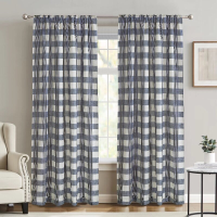 MEROPE Polyester linnenmix Owen geruite gordijnen 136x250cm blauw/wit 2 pack