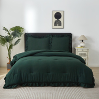 Meeallhome retro beddengoedset met ruches, bevat dekbed van 200 x 200 cm en 2 kussenslopen van 65 x 65 cm, donkergroen