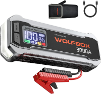 WOLFBOX 3000 A 12 V auto batterij startpakket, 65 W sneloplader, LED display, draagbare 59,2 Wh startbatterij (geschikt voor 8 L gas en 6 L dieselmotoren) met booster, LED licht en startkabels