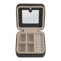 JOYFURNOS Sieradendoos, 11,4 x 11,4 x 5,5 cm Reissieradendoos met Binnenspiegel, PU leer Sieradenopberger voor Dames, Kleine Sieradenorganizer, Draagbaar, Cadeau idee, Inktzwart