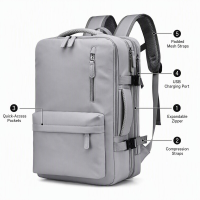 Uitbreidbare zakentas, waterbestendige 15,6 inch laptoprugzak met externe USB oplaadpoort, casual dagtas met meerdere vakken voor