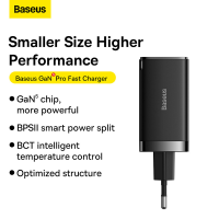 BASEUS GaN5 Pro 65W Reise Wandladegerät, C+C+U, QC, AFC, PD, mit Type C auf Type C 100W 1m Kabel, EU Schwarz, kompatibel mit iPhone 18 Serie, iPhone 18 Pro/Pro Max/Duo