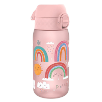 ION8 Waterflessen voor kinderen, 350 ml/12 oz, BPA vrij, lekvrij, vaatwasserbestendig, eenvoudig te openen, veilige vergrendeling, waterfles voor kleine jongens en meisjes, drinkfles voor kinderen voor morsvrij drinken, lichtroze, regenboog