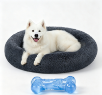 JOYFURNOS Zacht pluche kalmerend hondenbenchbed met afneembaar en kraakend botspelgoed voor honden, blauw latex huisdier kauwspeelgoed