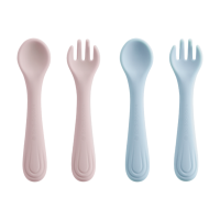 Bc Babycare siliconen vork en lepel, 2 delig, BPA vrij, roze + blauw