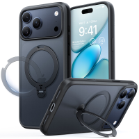 TORRAS Ostand Spin serie telefoonhoesje voor iPhone 17 Pro Max   Zwart, 360° draaibare versterkte standaard, plaats de telefoon in elke hoek, verhoogde lens en scherm voor dubbele bescherming, hoogwaardig, minimalistisch, stijlvol en handig