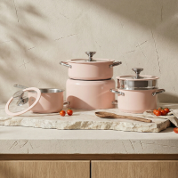 PURE COOK 304 roestvrij staal 4 delige pannenset roze buitenkant keramische verf gezandstraald binnenkant bestand tegen aanbranden zwarte verkleuring koken dagelijkse gezinsmaaltijden huishoudelijke keuken kookgerei geschikt voor alle warmtebronnen 16 cm 