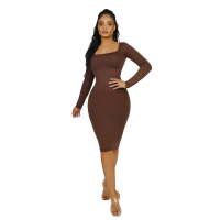 Feelingirl slim dress   langarm   vierkante hals   naadloos   XS/S   bruin