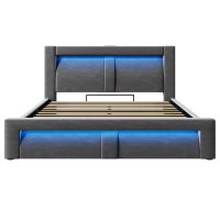 URBAN MEUBLE tweepersoonsbed 140 x 200 cm met opbergruimte, hydraulische heft, LED verlichting, USB  en Type C poorten, gebogen hoofdbord, fluwelen bekleding, grijs, zonder matras