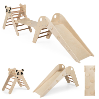 Driehoekig opvouwbaar klimspeelgoed voor kinderen, klimset van hout in Montessori stijl met panda thema   naturel houtkleur