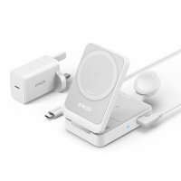 Anker MagGo draadloze oplader, opvouwbare 3 in 1, voor koptelefoon, headset, smartphone en smartwatch, snelladen (15 W, wit)