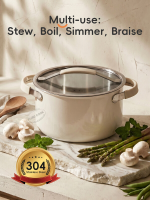 PURE COOK 3 laags 304 roestvrijstalen soeppan met crèmekleurige keramische buitenkant, gepolijst binnenoppervlak, elegante moderne look, voor dagelijks koken voor het gezin, grote capaciteit, keukenkookgerei voor huishoudelijk gebruik, geschikt voor alle 