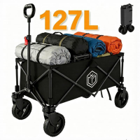Ochama compact inklapbare campingwagen 127 L zwart, 200 kg draagvermogen, 250 L stapelcapaciteit, dubbele rem 360° wielen, ruimtebesparend opbergen, versterkte spuitlak stalen buizen, voor kamperen, picknicken, marktkraam, verhuizen