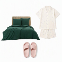 [Vrouwen pyjamaset] Purcotton vrouwen dubbellaagse gauze loungewear set + Meeallhome gewassen geborstelde dekbedovertrekset 200*200 cm/65*65 cm*2 + PUXI Banana Boat slide pantoffels lichtroze maat 37 38 unisex