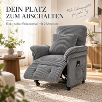 KAUFHOF Elektrische relaxfauteuil met 2 motoren, Lichtgrijs corduroy | Elektrische relaxfauteuil met onafhankelijk verstelbare rugleuning & voetensteun, 95°–175° kantelbaar, Vergrendelbare wielen & 2 zijvakken