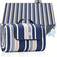 Picknickkleed waterdicht 200x200 cm, zandbestendige strandmat, waterdichte PEVA laag, draagbare opvouwbare gewatteerde stranddeken, voor buiten, kamperen, strand en gazon, blauw wit beige strepen