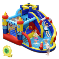Costway opblaasbaar springkasteel met 550 W luchtblazer, 6 in 1 waterpark, inclusief glijbaan, zwembad en waterkanon