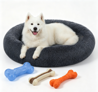JOYFURNOS zachte pluche kalmerende hondenbench bed en bijtspeelgoed set voor huisdieren, hondenspeelgoed met kaasbot ontwerp