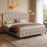 GTIMEX Gestoffeerd bed 209 x 146 x 98 cm met lattenbodem, Statische draagcapaciteit: 390 kg, Tweepersoonsbed met gestoffeerd hoofdbord, Massief houten lattenbodem, Eenvoudige montage, Modern design, Robuust frame en hoogwaardige fluwelen stof, Beige