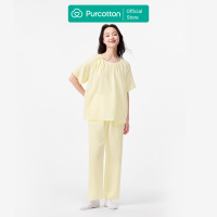 Purcotton Dames Airysoft Hydrofiele Katoenen Loungewear Set   Lange Broek Stijl, Huidvriendelijk, Rustgevende & Casual Stijl   Citroengeel   Top: 165/88 A; Onderbroeken: 165/72 A